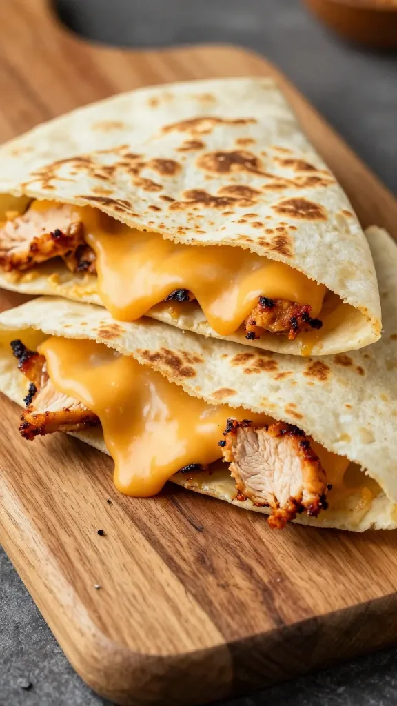 leftover bbq chicken flatbread with melty cheese on wood board