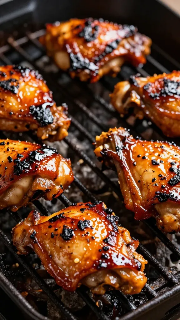 Glossy BBQ chicken thighs on grill, caramelized edges