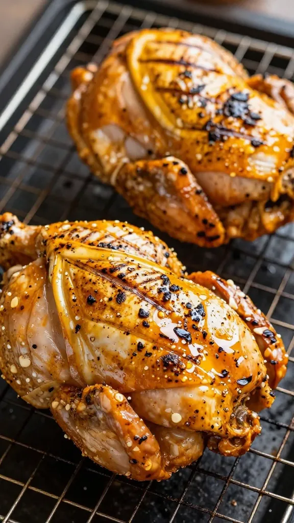 Marinated chicken resting on wire rack, grill marks visible