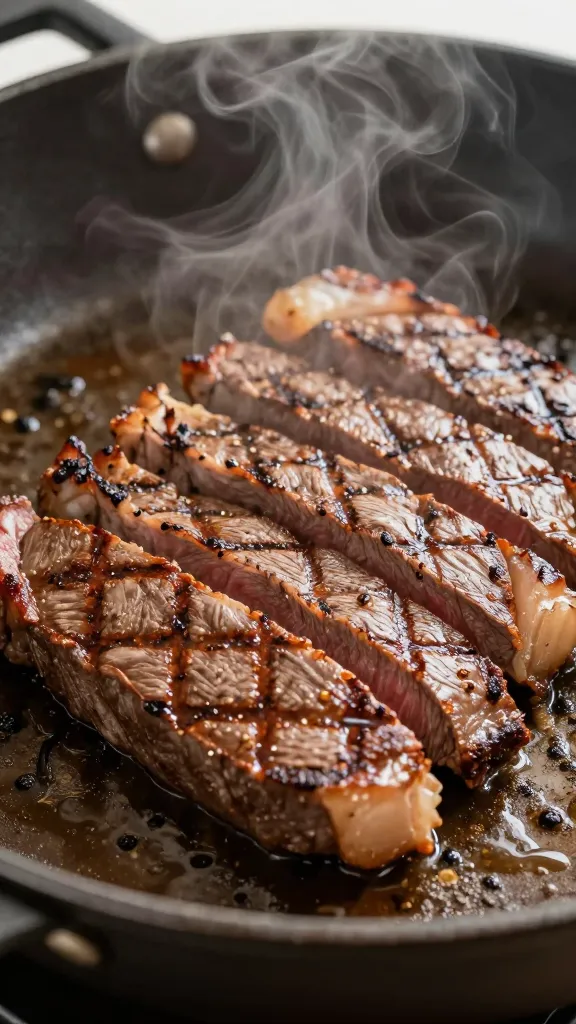 thinly sliced grilled steak in hot skillet with steam