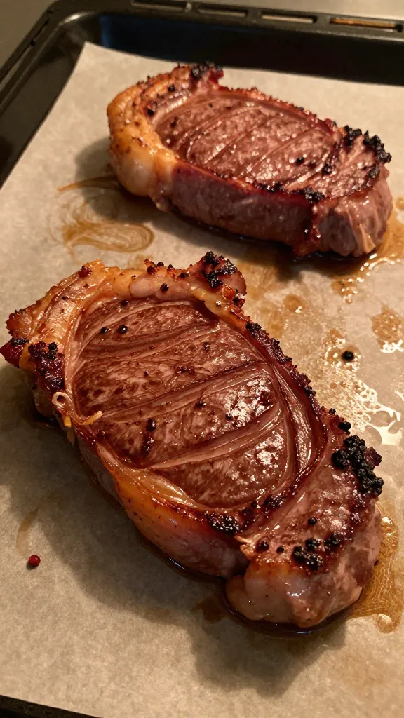 thick steak pieces on baking sheet, 275°F oven glow