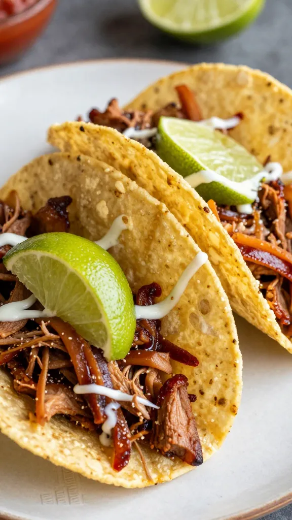 pulled bbq pork tacos with lime on corn tortillas