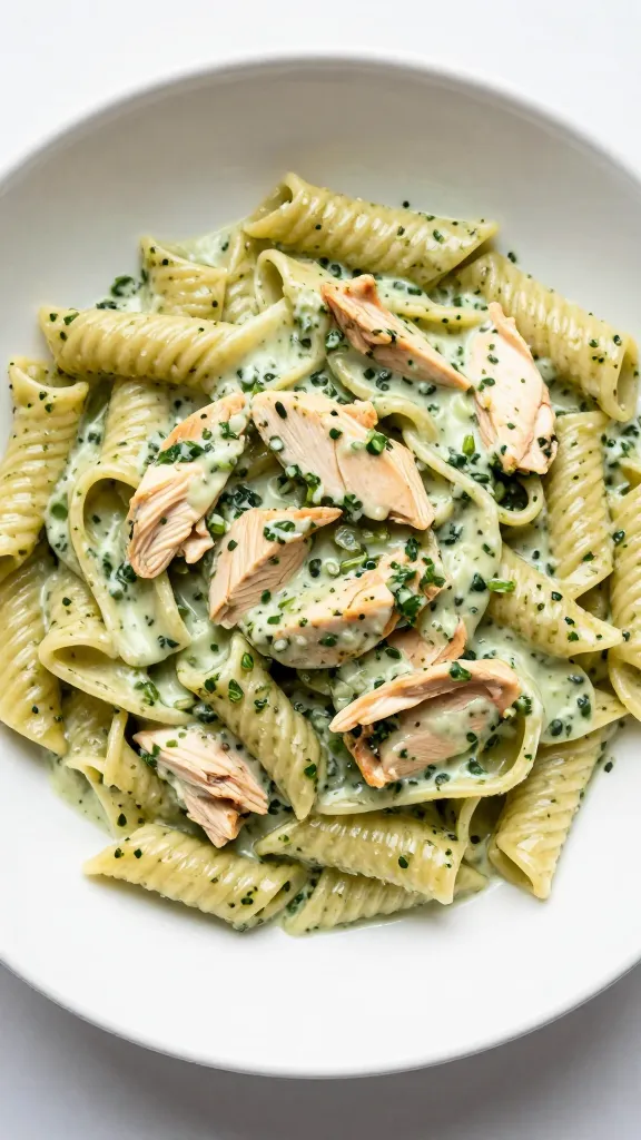 creamy chicken pesto pasta in white bowl, overhead shot