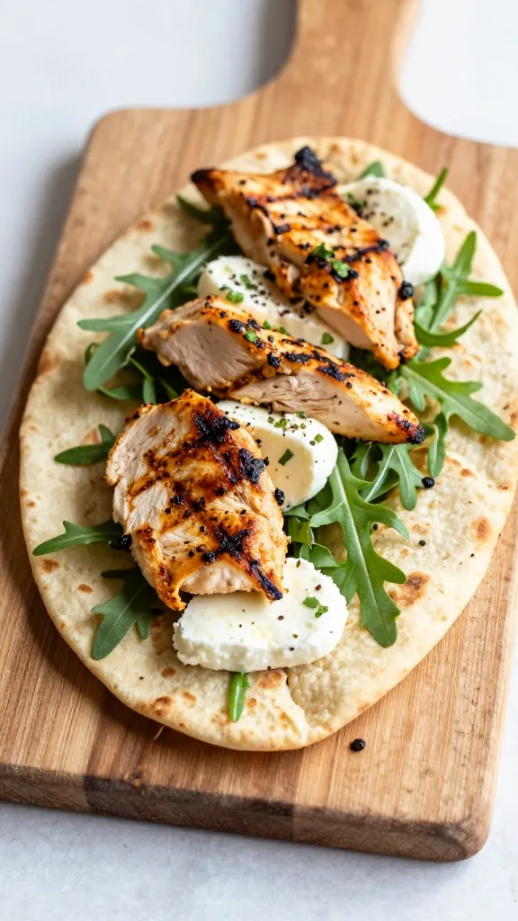 grilled chicken flatbread with mozzarella and arugula, rustic board