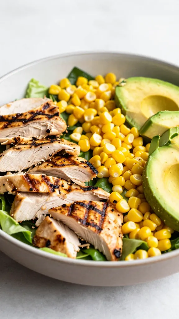chopped grilled chicken salad with corn and avocado, natural light