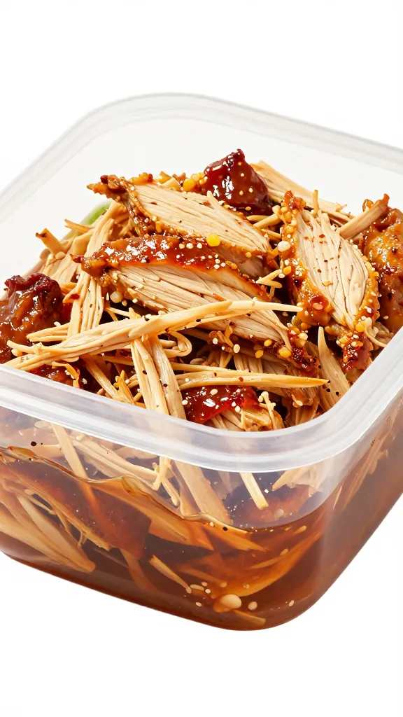 shredded bbq chicken in airtight container with broth splash