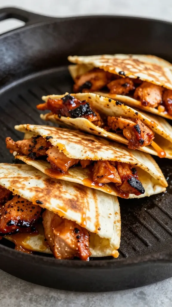smoky bbq chicken quesadillas on cast-iron skillet