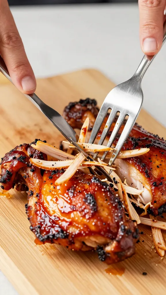 two forks shredding warm bbq chicken on cutting board