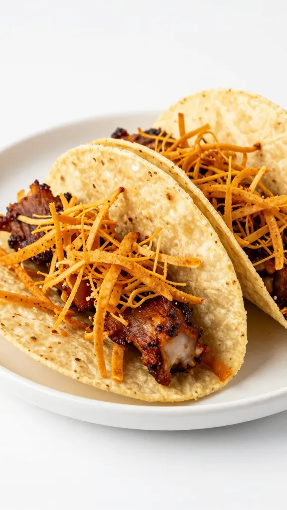 crispy shredded bbq rib tacos on warm corn tortillas