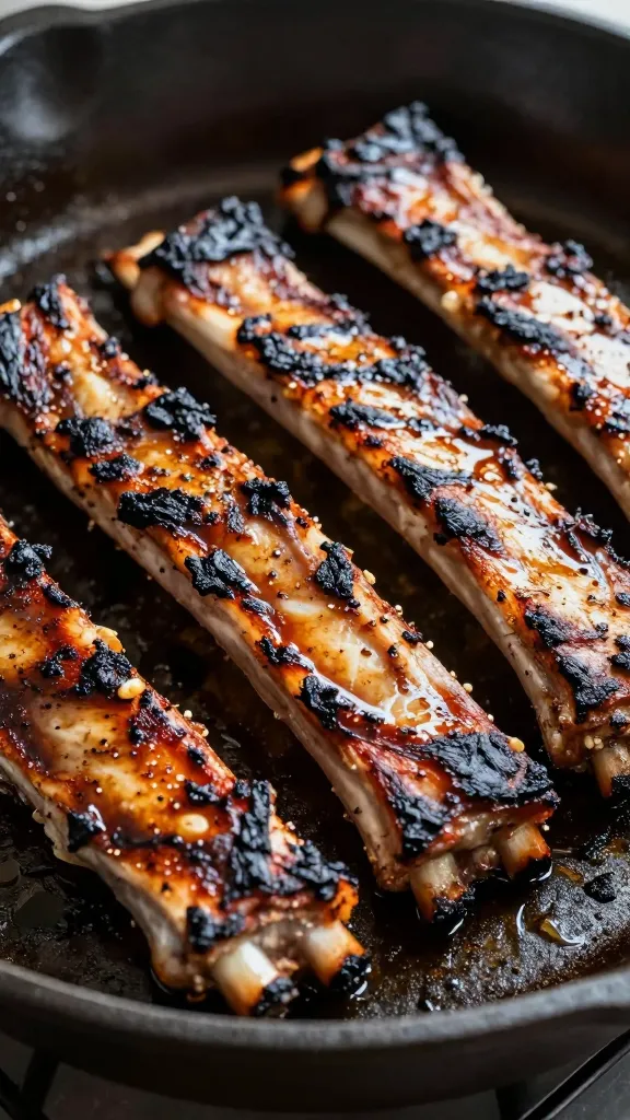 skillet-seared leftover ribs with charred edges, close-up