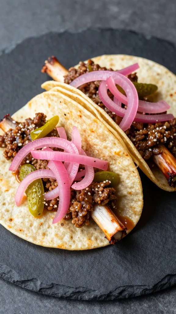 saucy rib tacos with pickled onions on dark slate plate