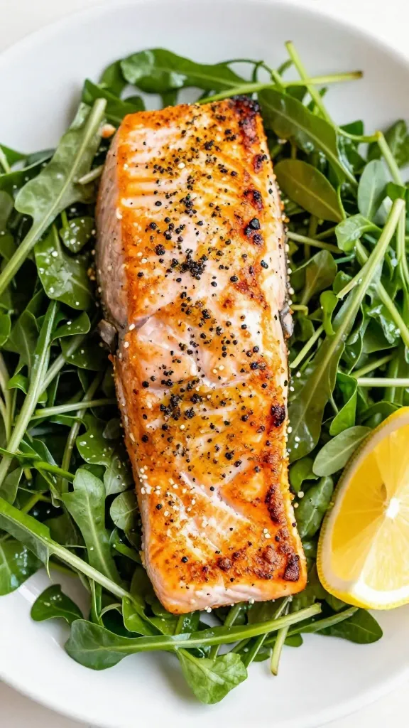 flaked leftover grilled salmon on greens, lemon wedge