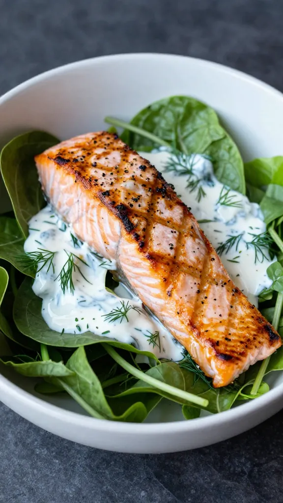 chilled grilled salmon salad with dill yogurt, white bowl