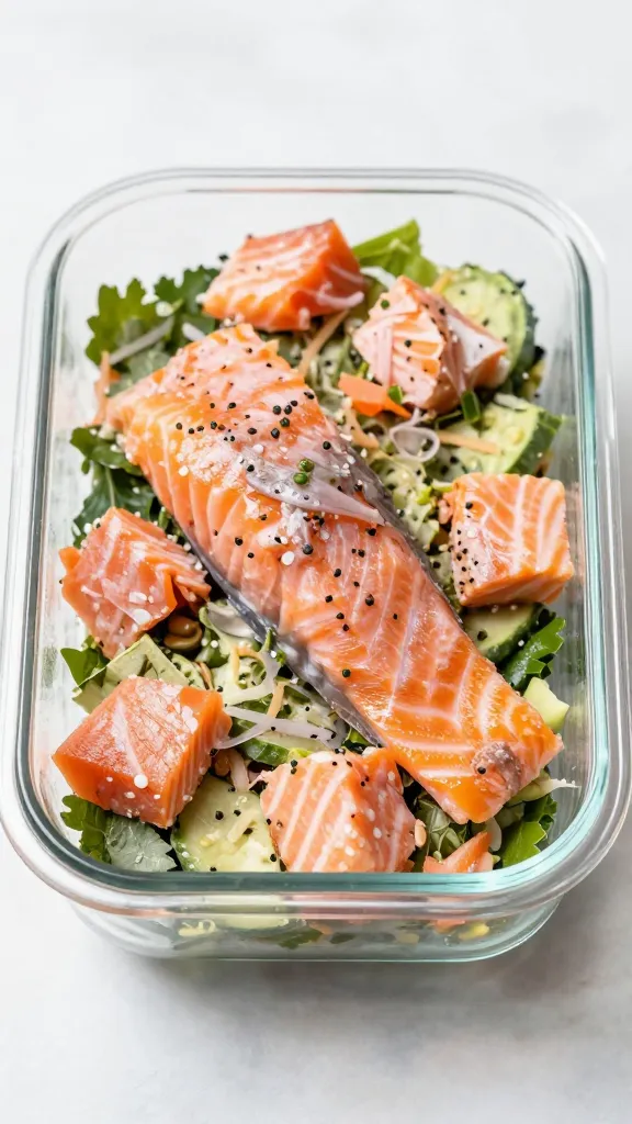 salmon salad meal prep in glass container, summer herbs