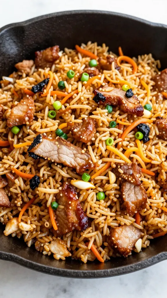 BBQ pork fried rice in cast-iron skillet