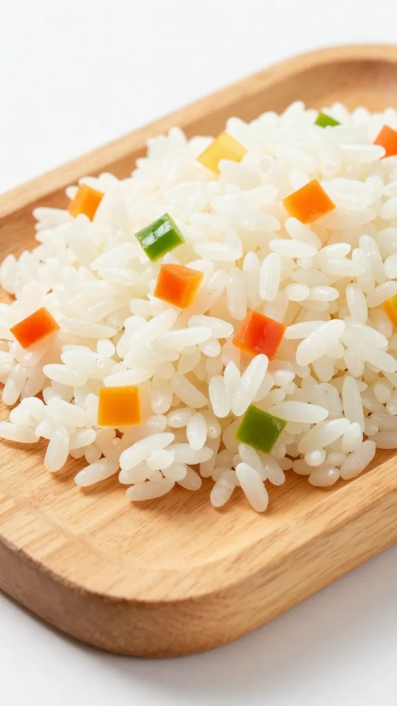 Day-old rice and diced veggies on wooden board