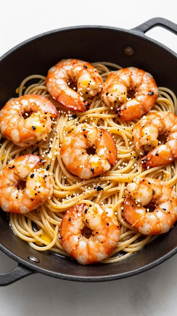 BBQ shrimp pasta in skillet with garlic butter glaze