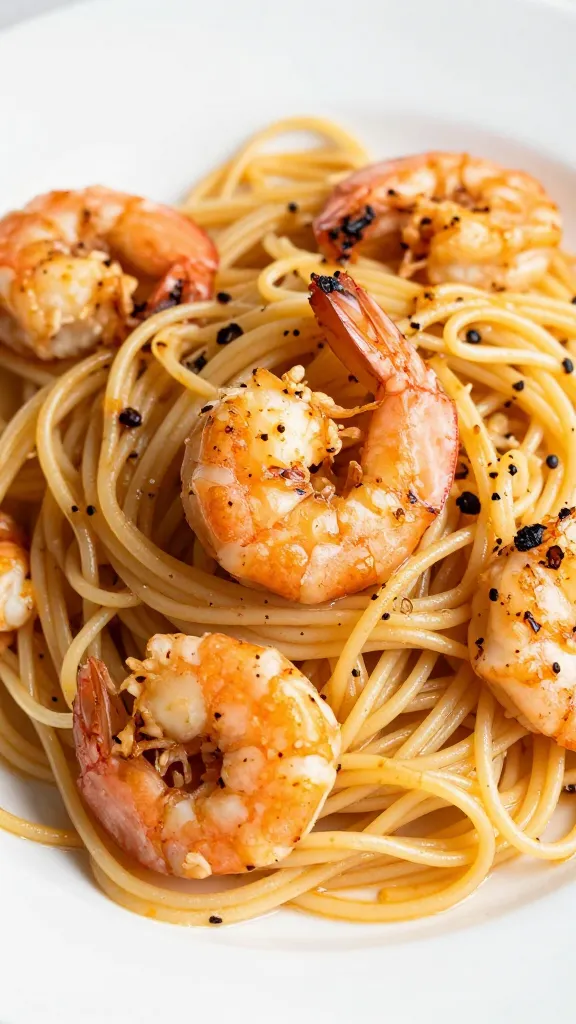Leftover grilled shrimp tossed with al dente spaghetti