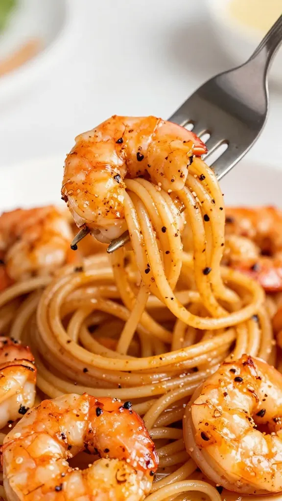 Close-up fork twirl of smoky BBQ shrimp pasta