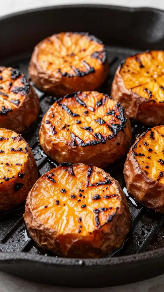 Grilled sweet potato rounds with char marks on cast-iron grate