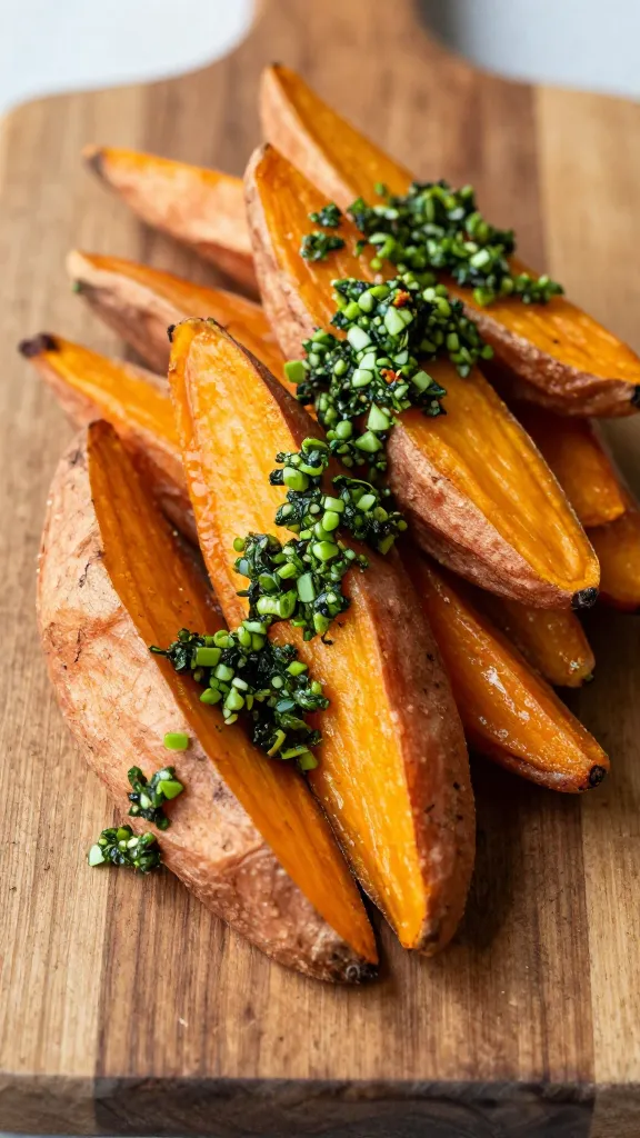 Sweet potato wedges with chimichurri on rustic wooden board