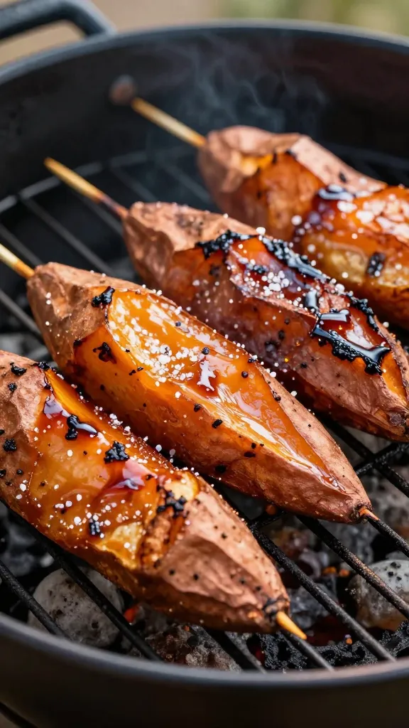 Skewered sweet potatoes glazed with maple, sea salt, outdoor grill