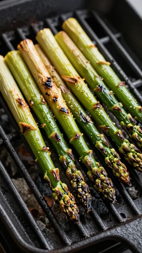 Charred grilled asparagus spears on cast iron grill grates