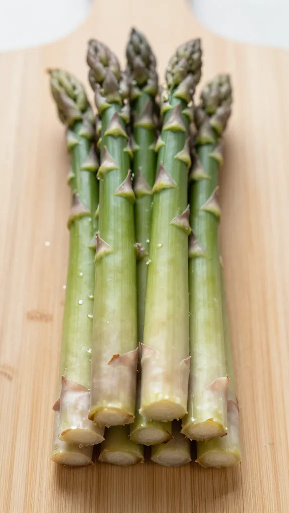 Thick asparagus bundle with trimmed ends on cutting board