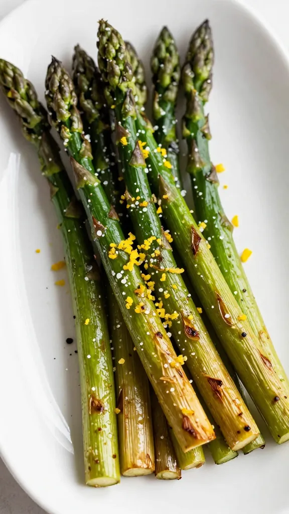 Grilled asparagus with lemon zest and sea salt on platter