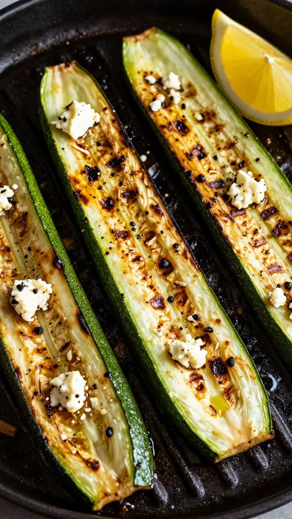 Charred zucchini planks with lemon and feta on grill