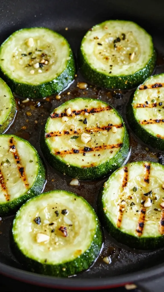 Medium zucchini slices with garlic herb marinade, grill marks