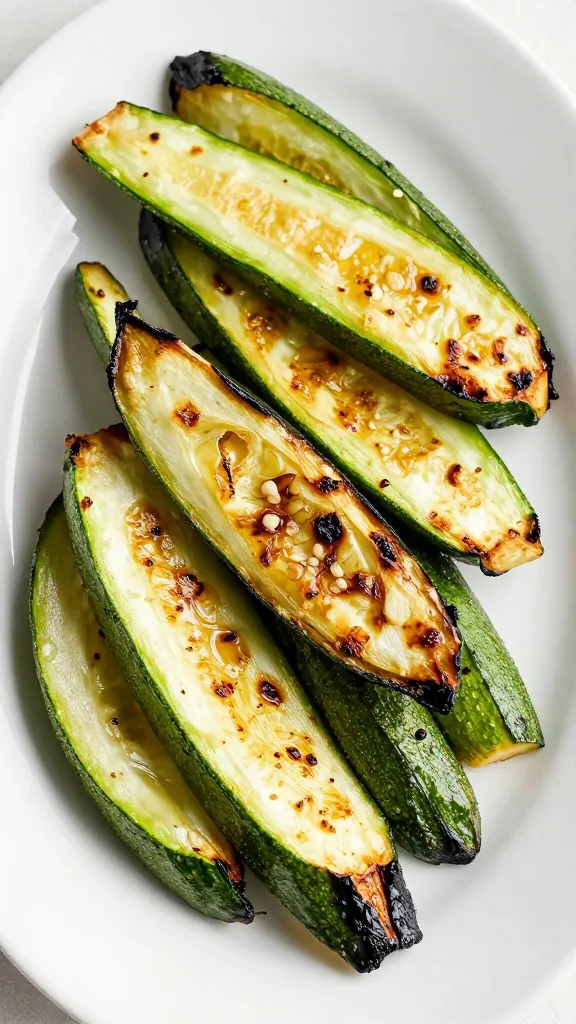 Grilled zucchini wedges, crispy char, served on white platter