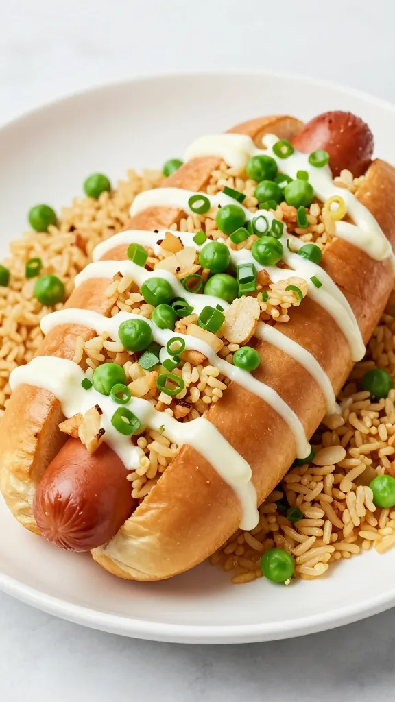 chopped hot dogs fried rice with peas and scallions, soy drizzle