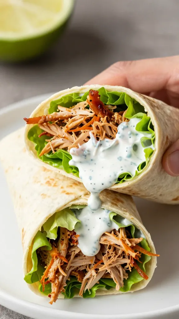 shredded wing meat buffalo wrap with lettuce and ranch dressing
