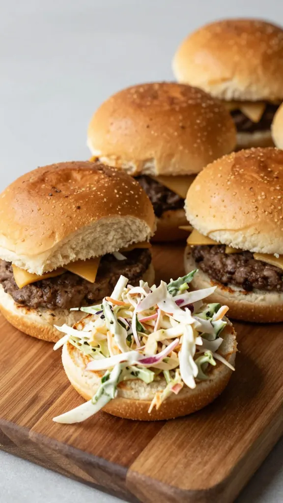Leftover burger sliders with slaw on wood board