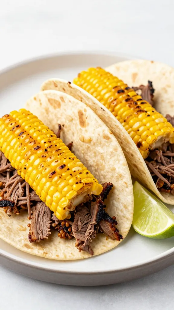 Grilled corn and brisket tacos with lime wedges