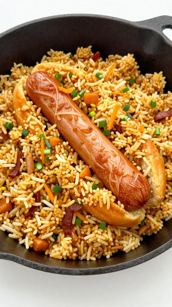 Hot dog fried rice in cast-iron skillet