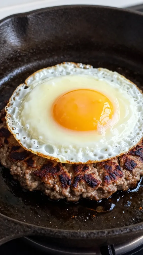 Smash patty hash with fried egg on cast-iron skillet
