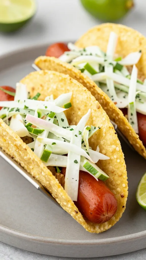 Chili-lime hot dog tacos with slaw on corn tortillas