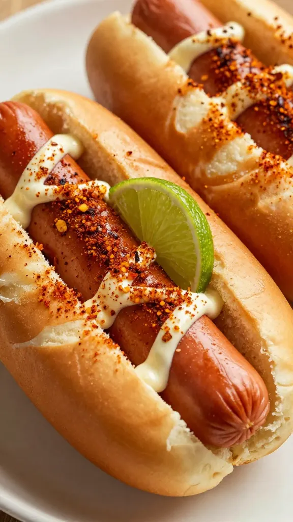Seared hot dog coins with lime and chili powder close-up
