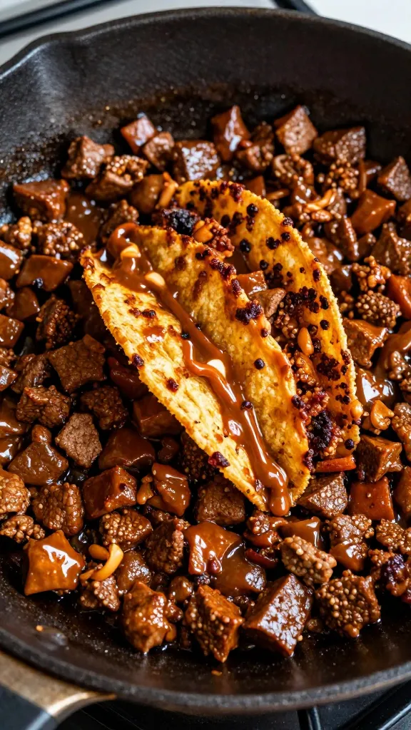 caramelized bbq taco meat in skillet, crispy edges