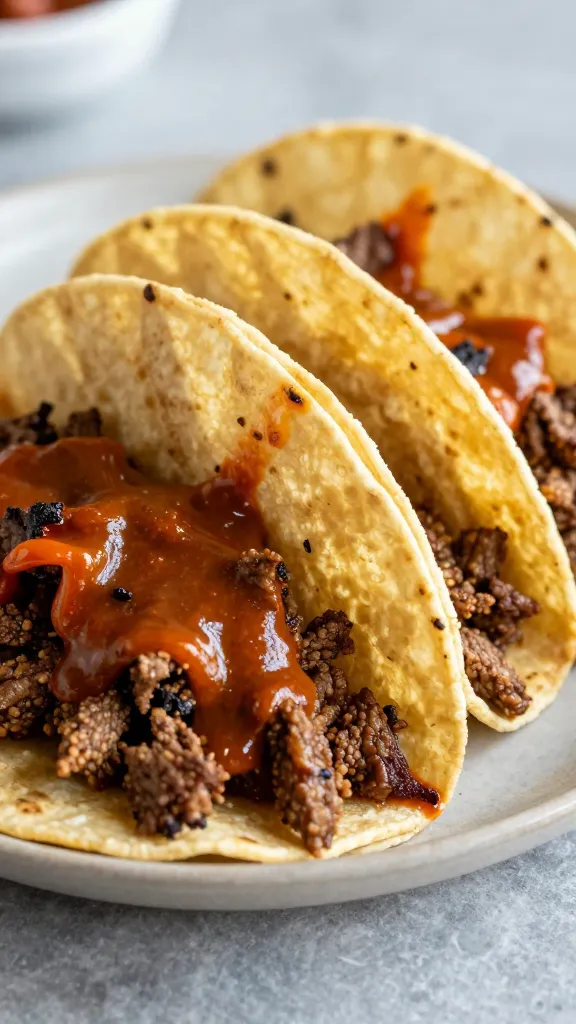 bbq sauced leftover beef tacos on warm corn tortillas