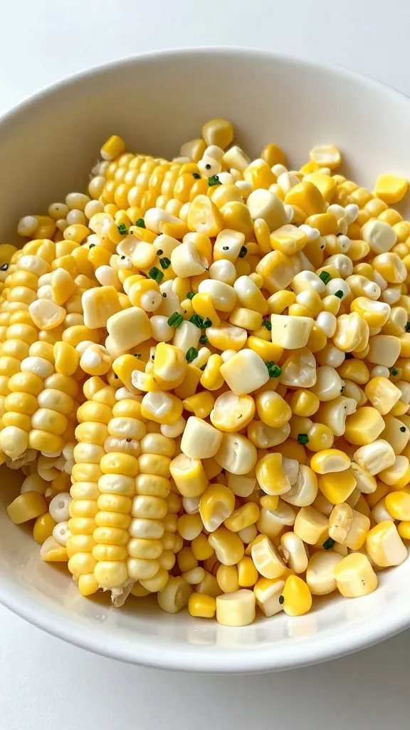 Summer corn salad in white bowl, natural light