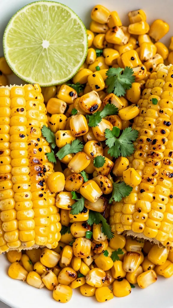 Grilled corn kernels with lime and cilantro, overhead