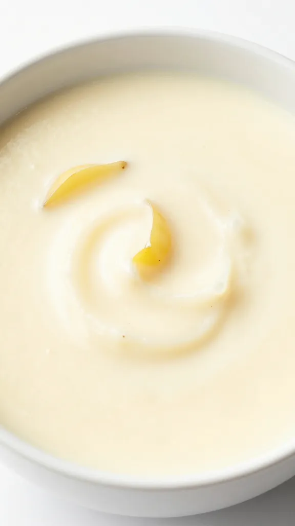 creamy potato soup in white bowl, visible potato skins