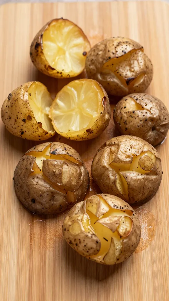 leftover baked potatoes on cutting board, rustic skins