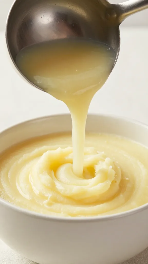 ladle pouring mashed potato soup into ceramic bowl