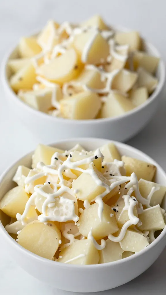 perfect potato salad two ways in white bowls