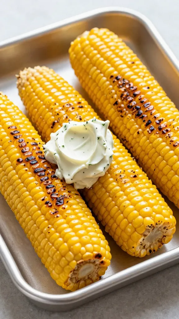 grilled corn on tray with herb butter