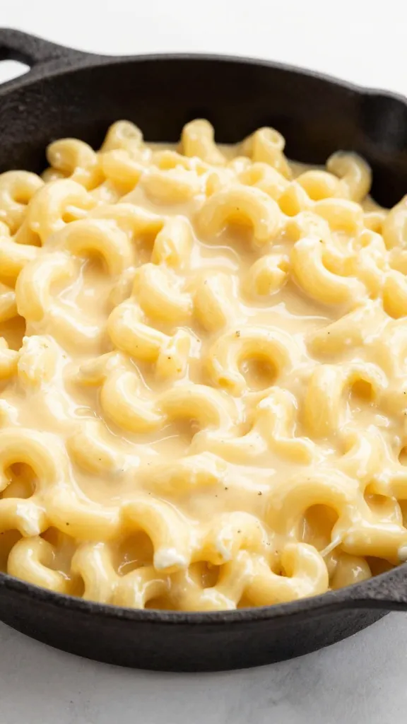 creamy mac and cheese in cast-iron skillet